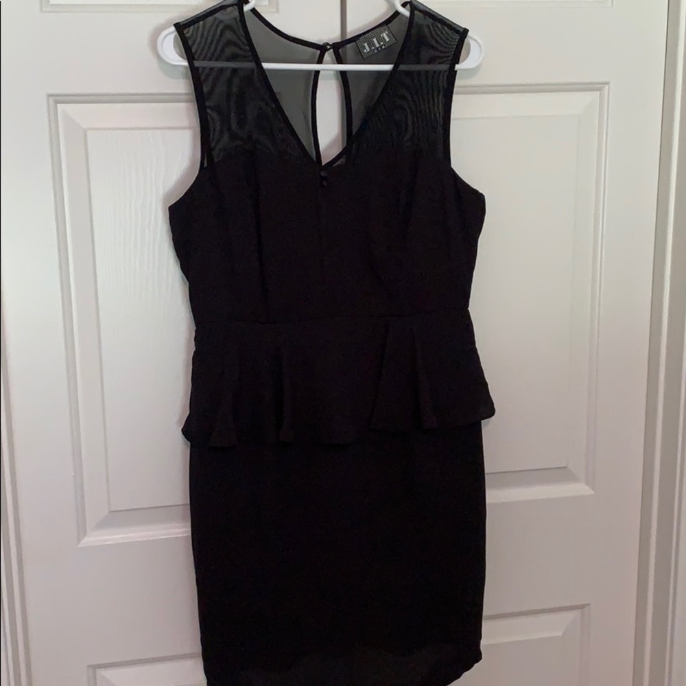 Black Peplum Dress With Mesh Shoulders